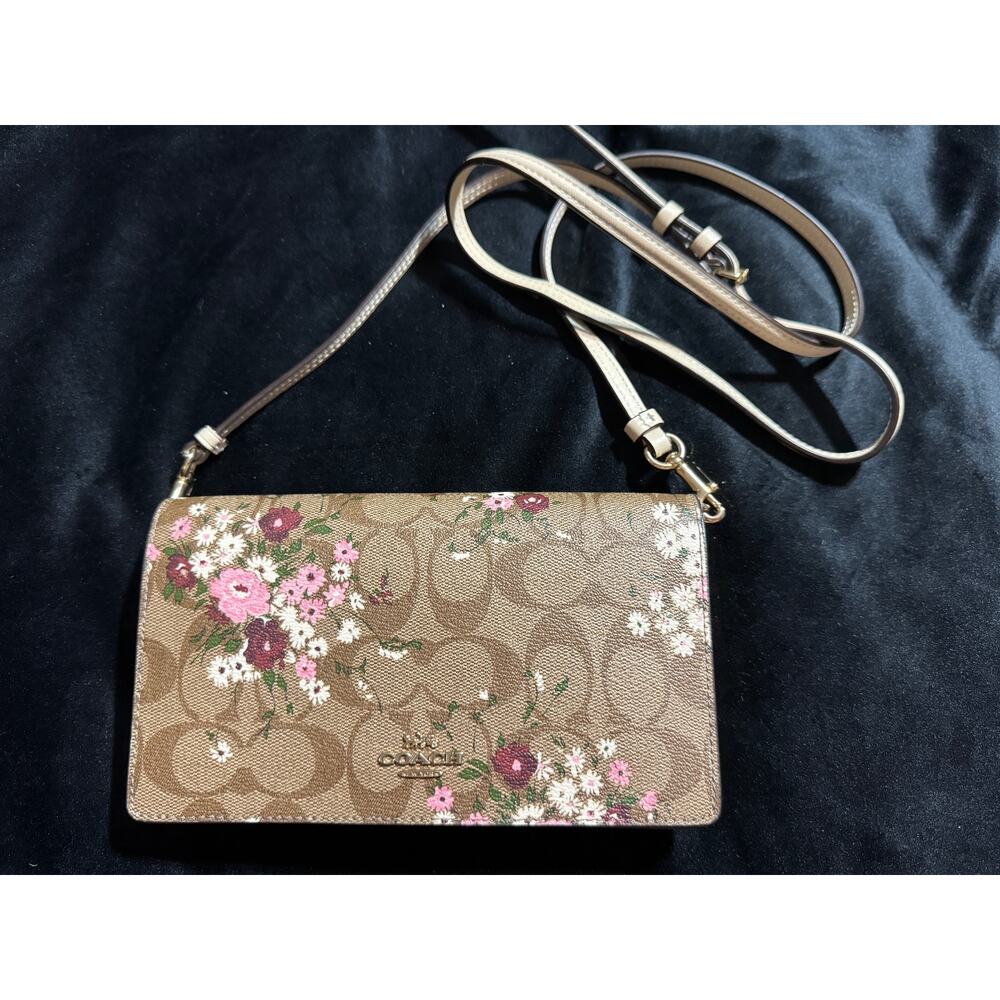 Coach Brown Signature ANNA Foldover Floral Crossbody Purse